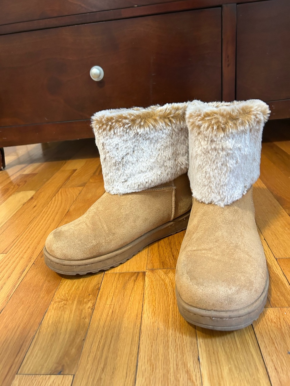 Women's Tan Cognac Suede Faux Fur Cuff Winter Boots